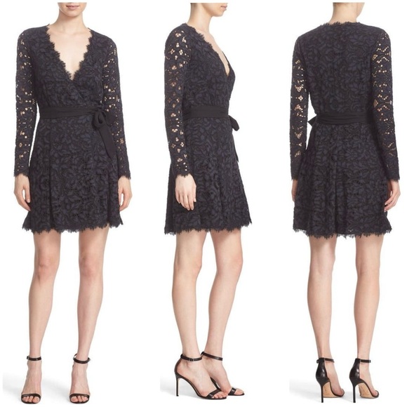 DIANE VON FURSTENBERG 'Shaelyn' Lace Wrap Black/Navy Lace Dress Size 6 - Picture 2 of 10